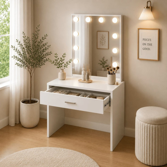 Toucador compacto branco 70 cm com luzes LED estilo Hollywood e 1 gaveta