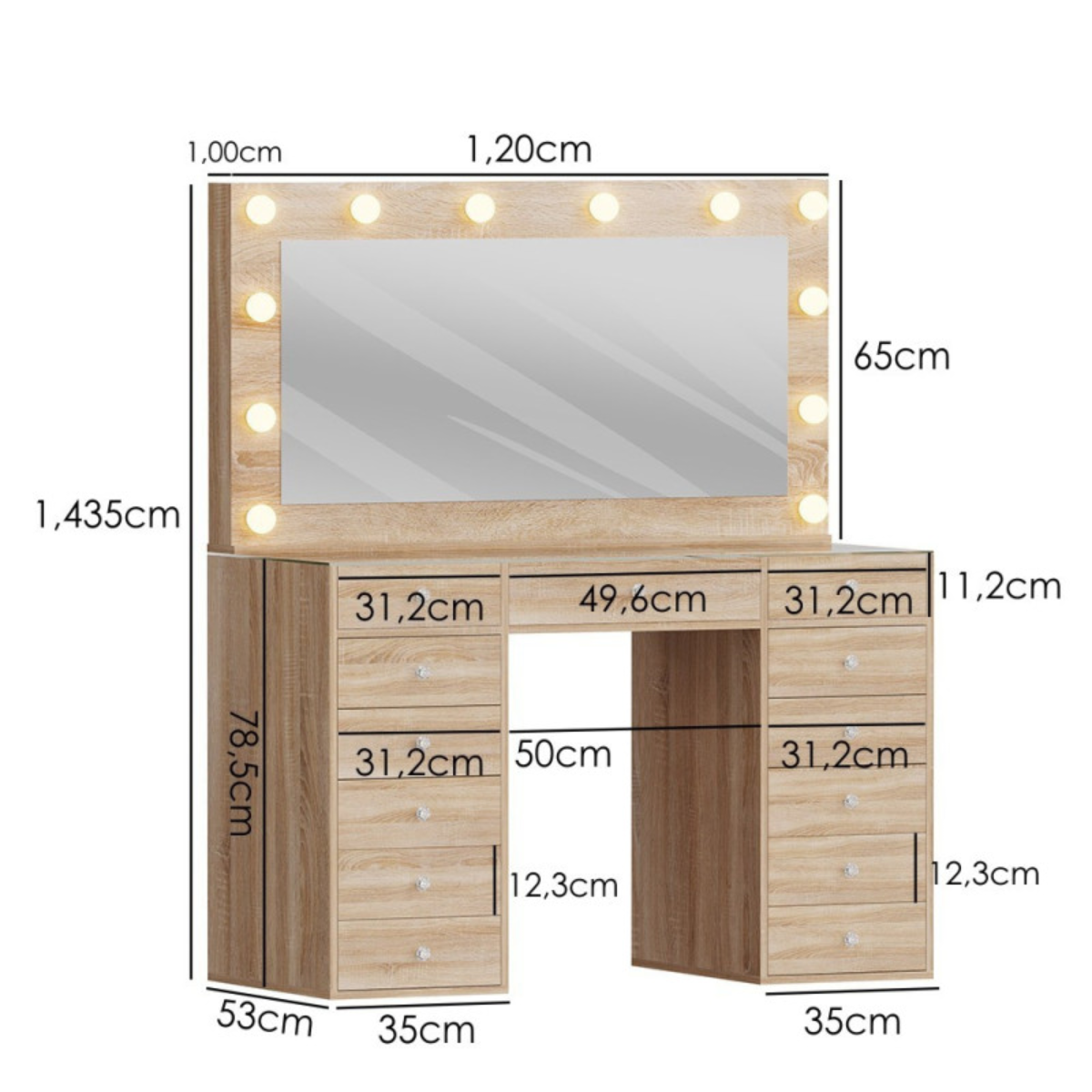 Hollywood Makeup Vanity Table 120cm with 13 Drawers and LED Mirror