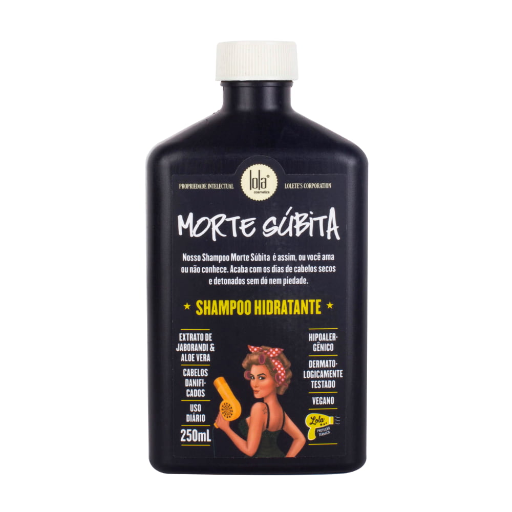 Lola Morte Súbita Shampoo 250mL, frasco preto e tampa branca. Com Jaborandi e Aloe Vera, hidrata e recupera cabelos danificados.