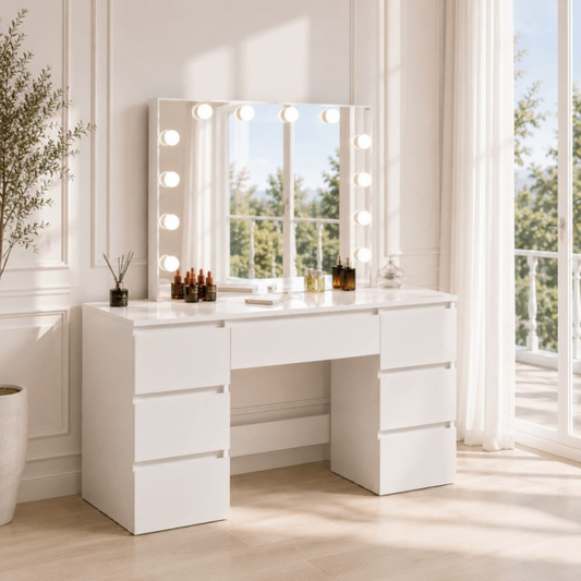 Toucador de maquilhagem Hollywood branco com espelho LED e gavetas para salão de beleza