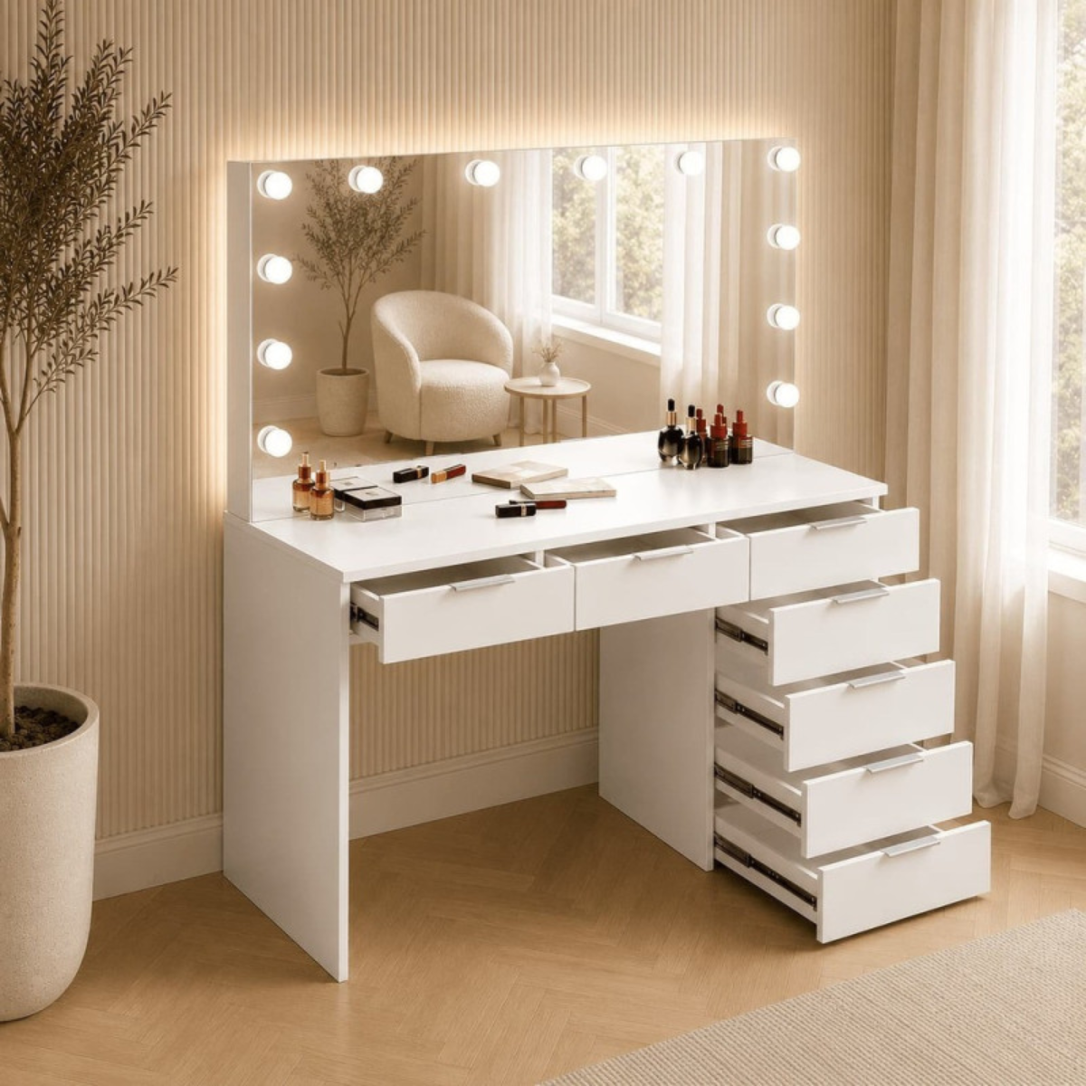 Toucador de maquilhagem Hollywood com espelho LED e gavetas para quarto e salão de beleza