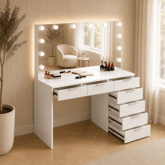 Toucador de maquilhagem Hollywood com espelho LED e gavetas para quarto e salão de beleza