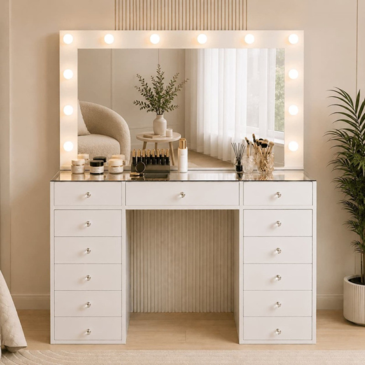 Luxury Hollywood Makeup Vanity with LED Mirror, Clear Glass Tabletop, and 13 Storage Drawers