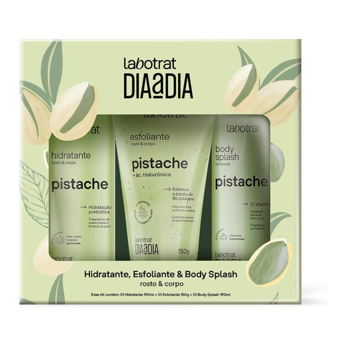 Labotrat pack Pistache com hidratante, esfoliante e body splash para o corpo
