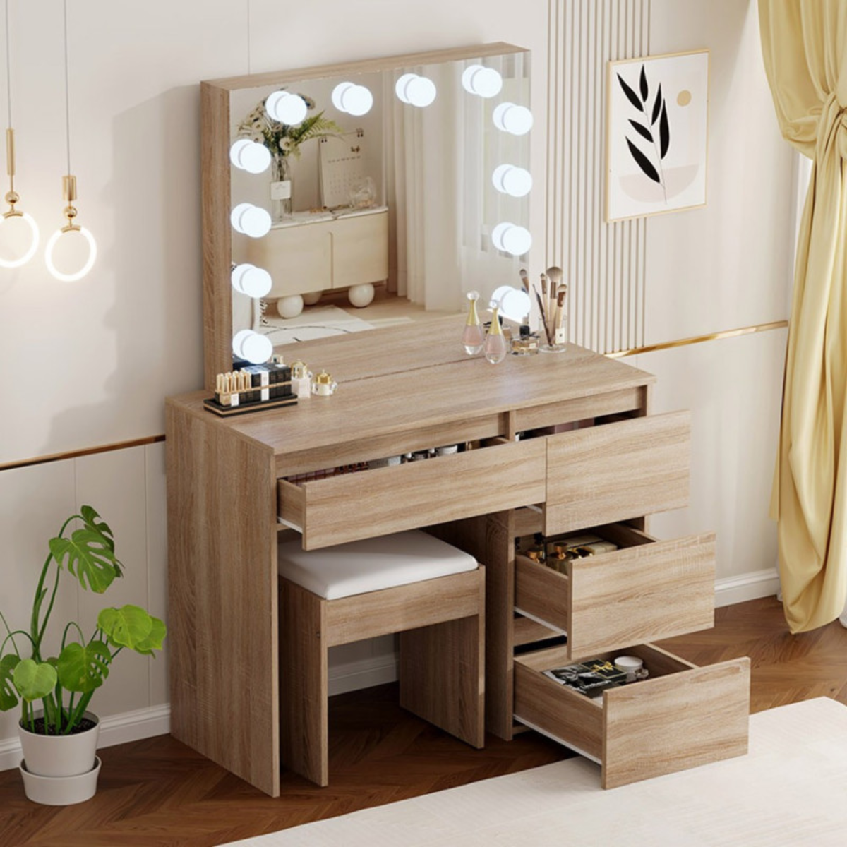 Toucador de maquilhagem cor madeira com espelho Hollywood LED para quarto e salão de beleza