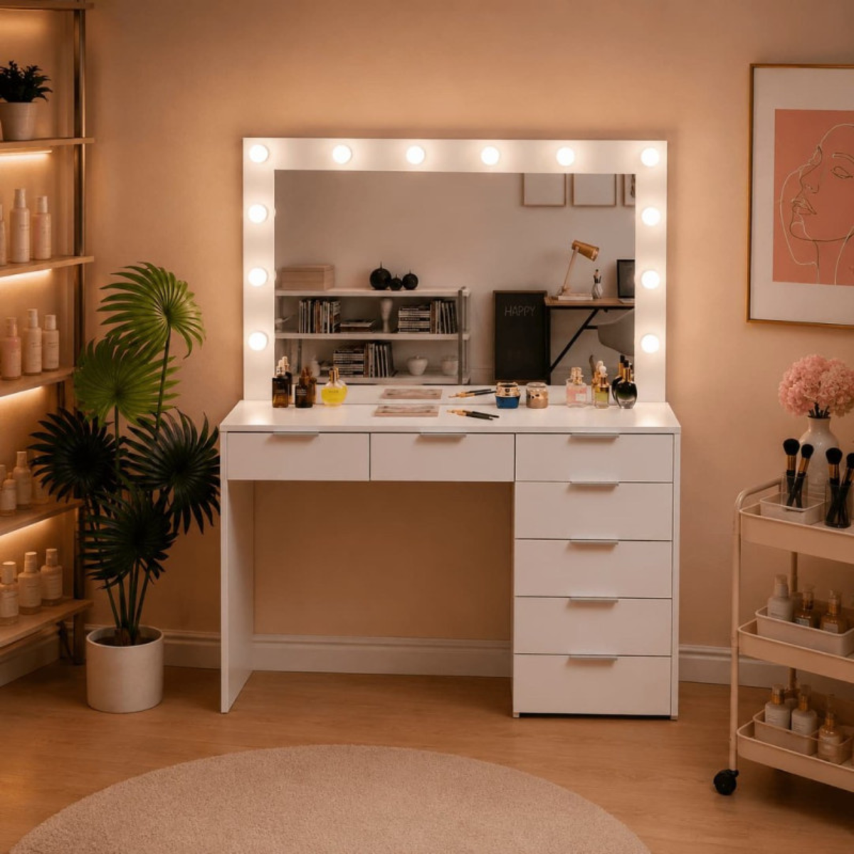 Toucador de maquilhagem 120 cm com espelho Hollywood LED e 7 gavetas para salão de beleza
