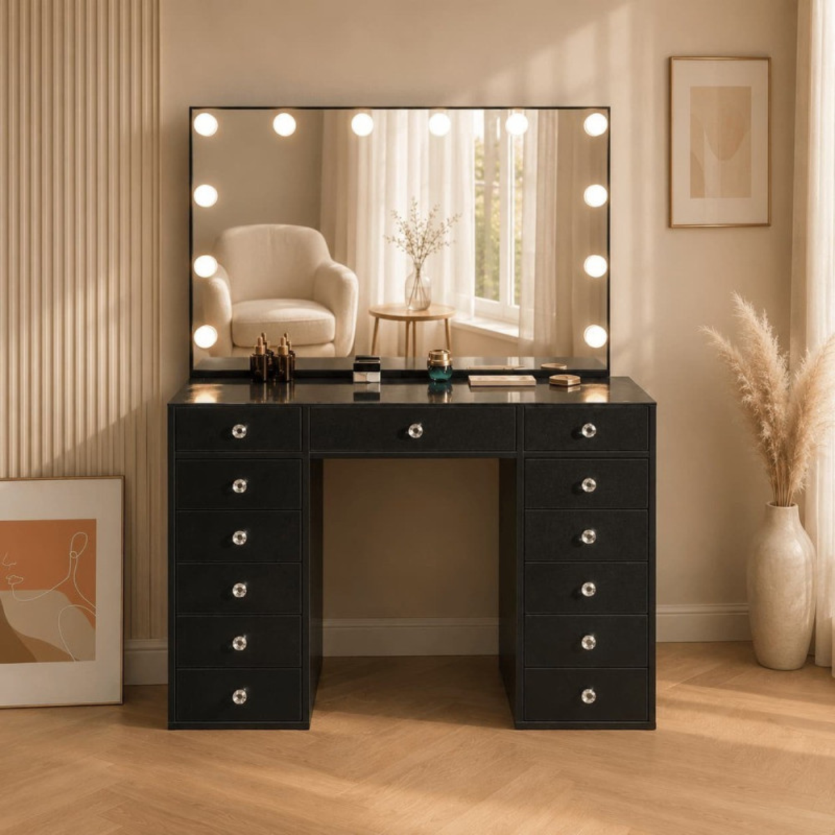 Makeup Vanity Table with Clear Glass Top and Hollywood LED Mirror 120cm