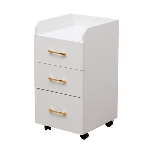 Armário com rodas e 3 gavetas branco e dourado, carrinho organizador para salão e manicure