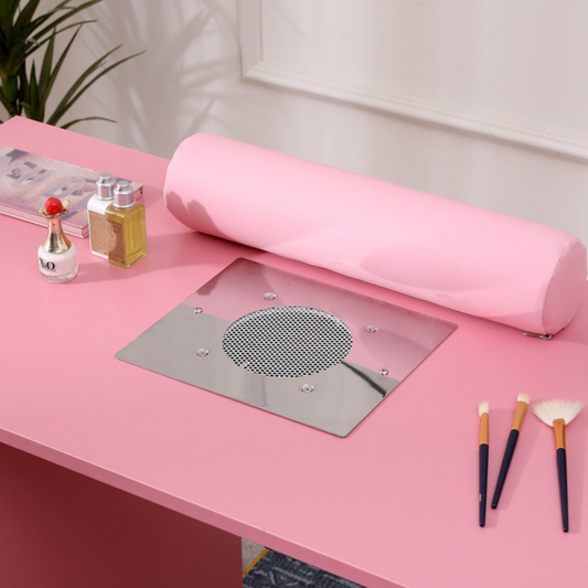 Mesa de manicure 120 cm rosa e prata com aspirador de pó embutido e almofada de apoio