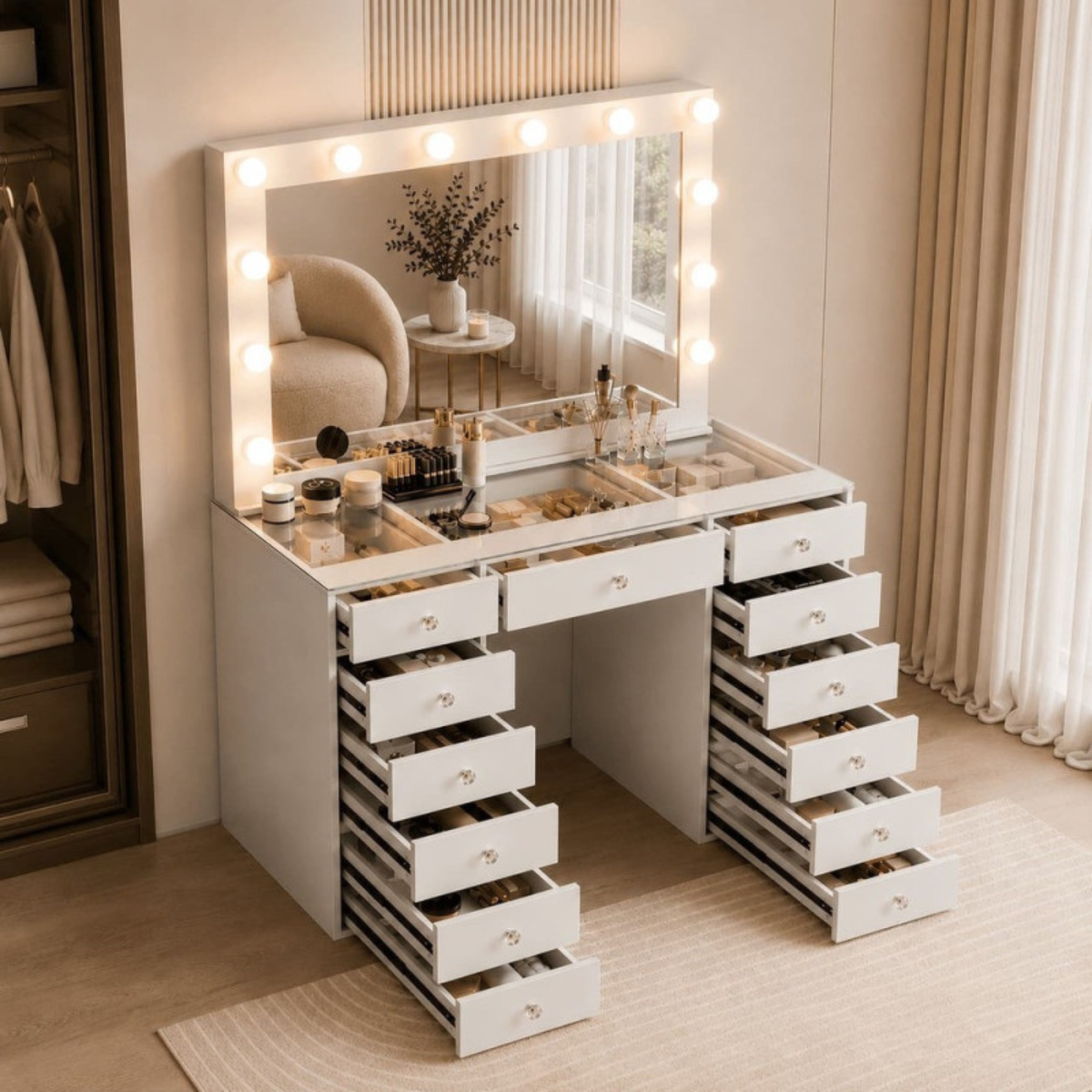Luxury Hollywood Makeup Vanity with LED Mirror, Clear Glass Tabletop, and 13 Storage Drawers