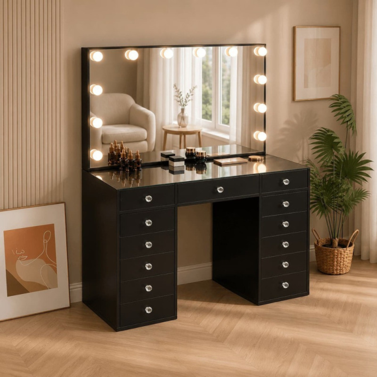 Makeup Vanity Table with Clear Glass Top and Hollywood LED Mirror 120cm