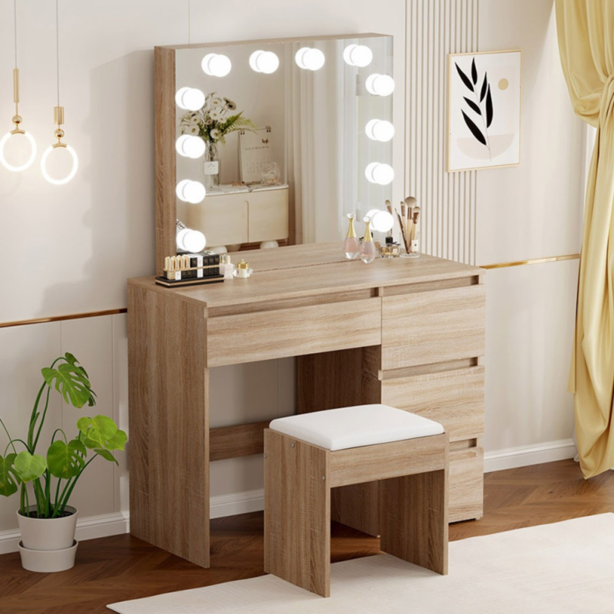 Toucador de maquilhagem cor madeira com espelho Hollywood LED para quarto e salão de beleza