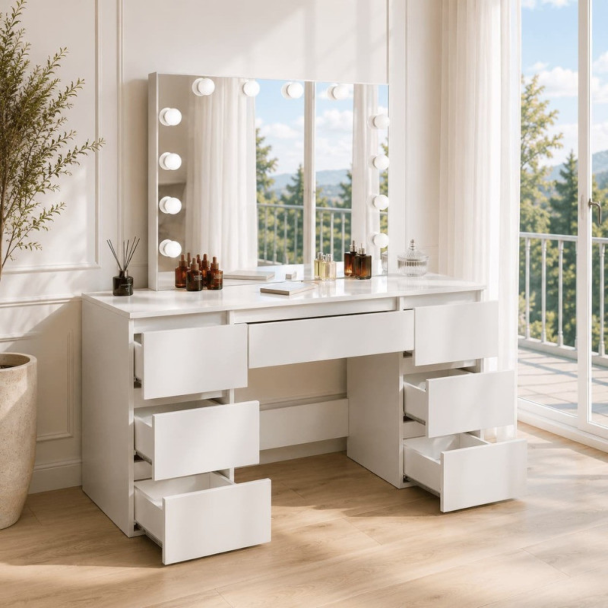 Toucador de maquilhagem Hollywood branco com espelho LED e gavetas para salão de beleza