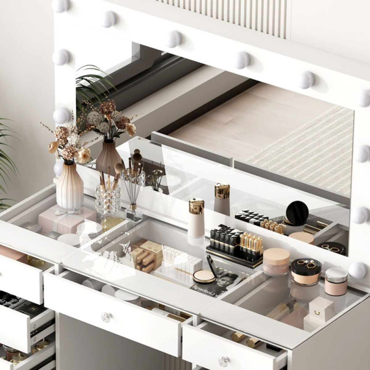 Luxury Hollywood Makeup Vanity with LED Mirror, Clear Glass Tabletop, and 13 Storage Drawers