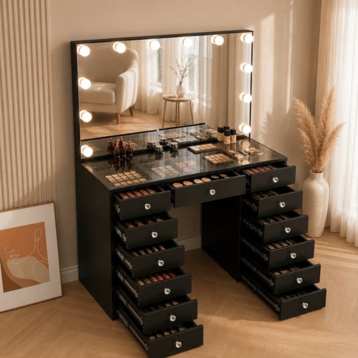 Makeup Vanity Table with Clear Glass Top and Hollywood LED Mirror 120cm
