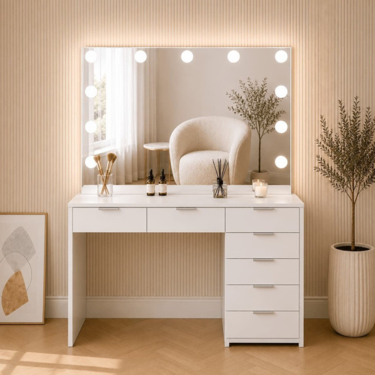 Toucador de maquilhagem Hollywood com espelho LED e gavetas para quarto e salão de beleza