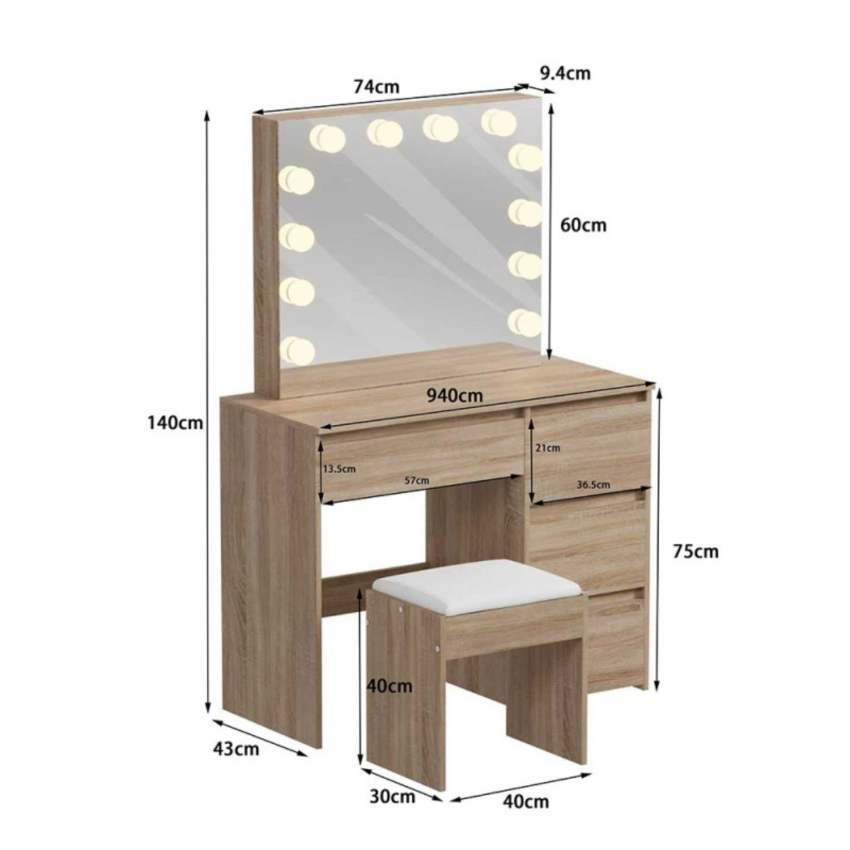 Toucador de maquilhagem cor madeira com espelho Hollywood LED para quarto e salão de beleza