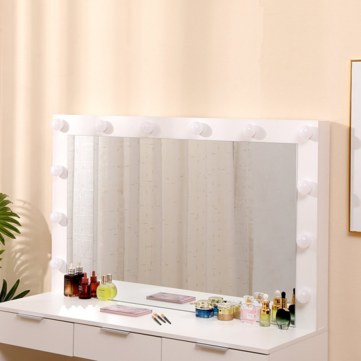 Toucador de maquilhagem 120 cm com espelho Hollywood LED e 7 gavetas para salão de beleza
