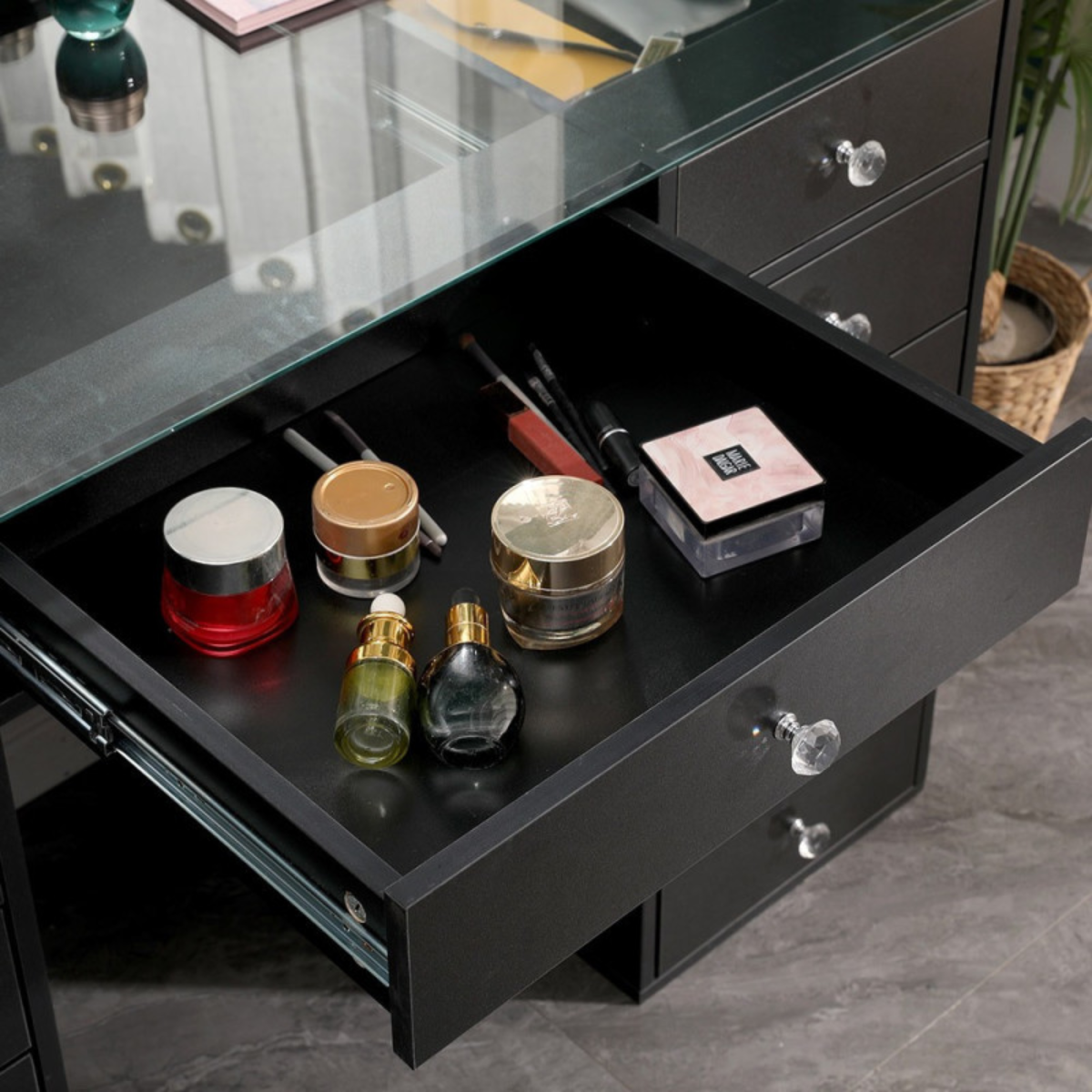 Makeup Vanity Table with Clear Glass Top and Hollywood LED Mirror 120cm