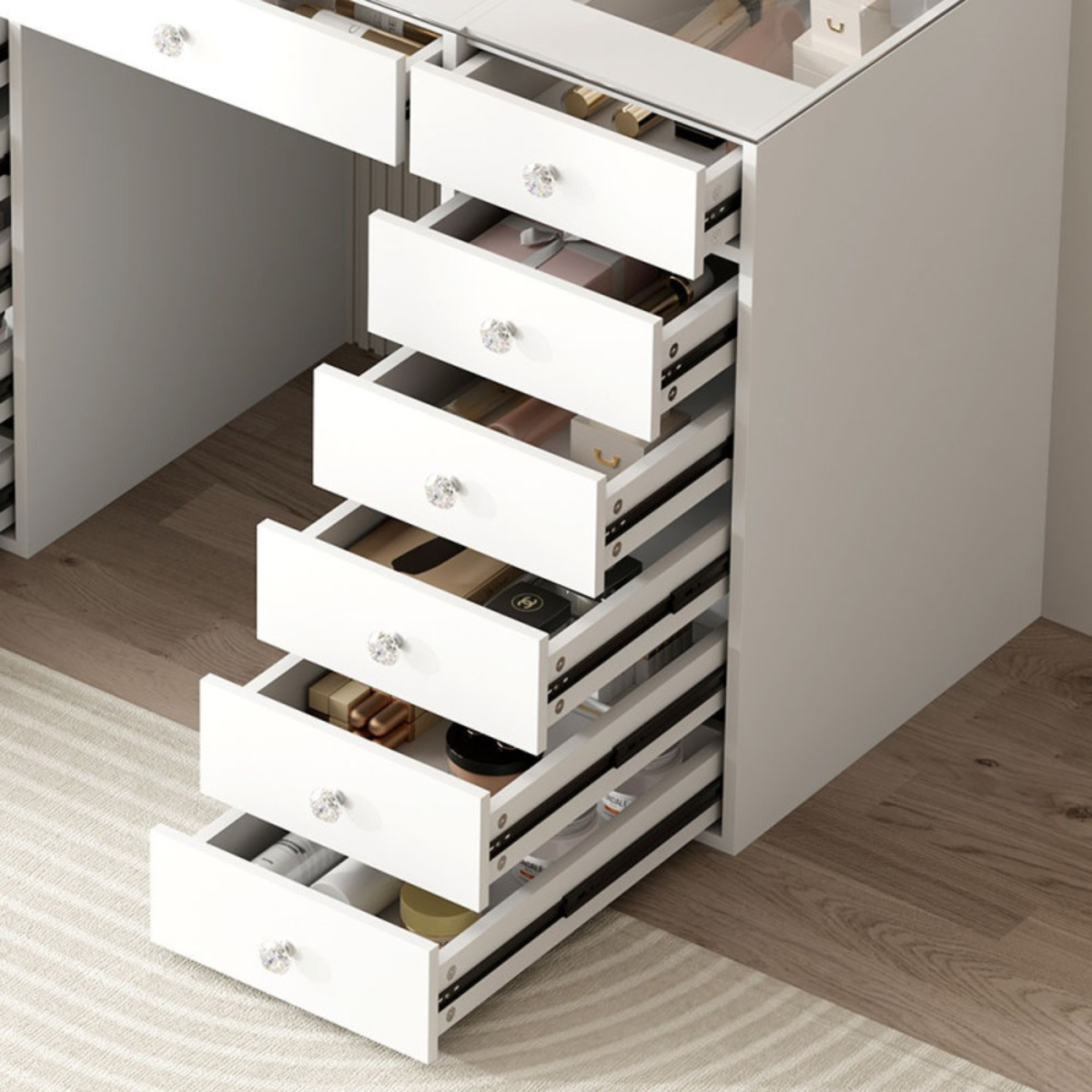 Luxury Hollywood Makeup Vanity with LED Mirror, Clear Glass Tabletop, and 13 Storage Drawers