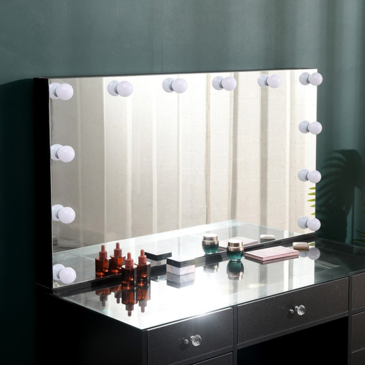 Makeup Vanity Table with Clear Glass Top and Hollywood LED Mirror 120cm