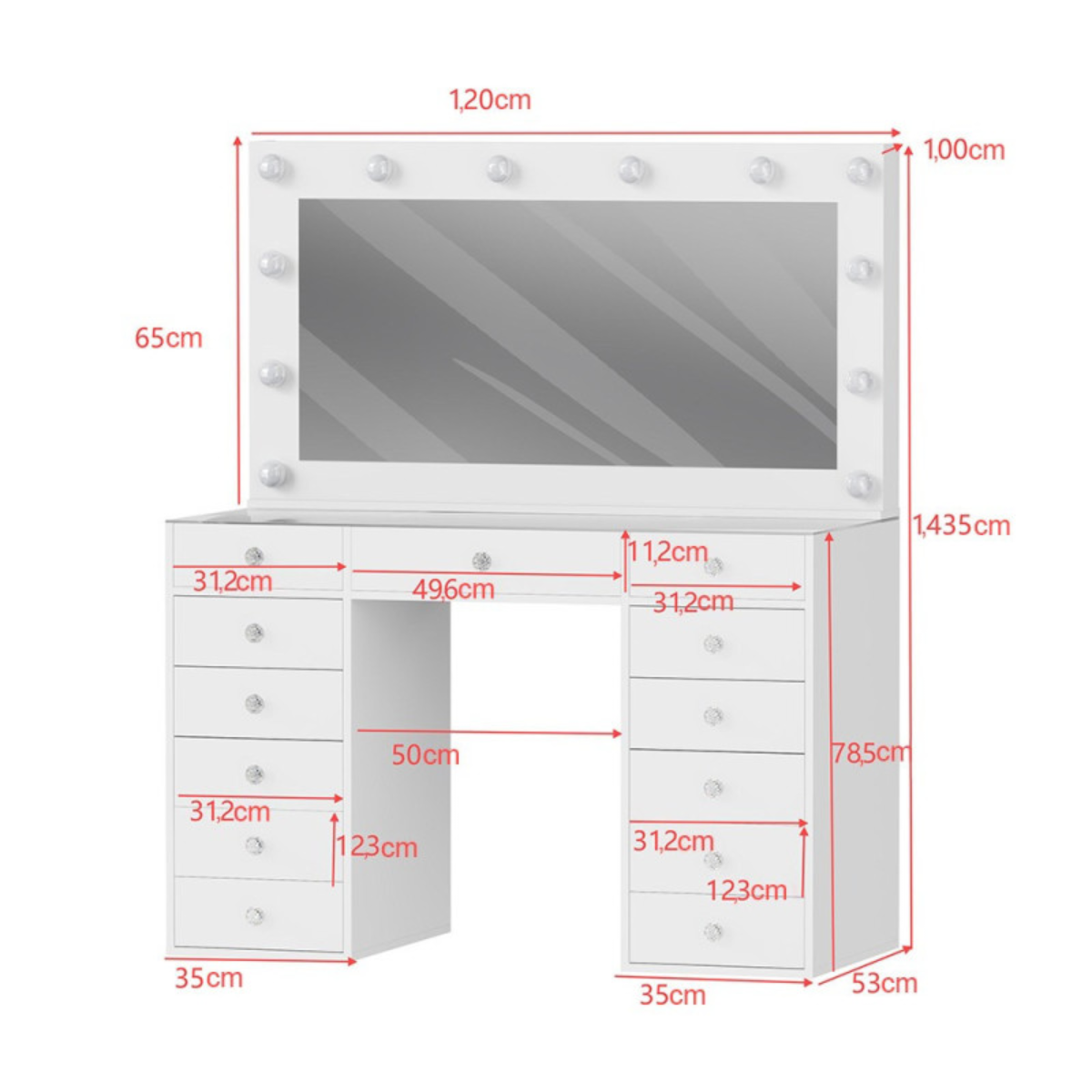 Luxury Hollywood Makeup Vanity with LED Mirror, Clear Glass Tabletop, and 13 Storage Drawers