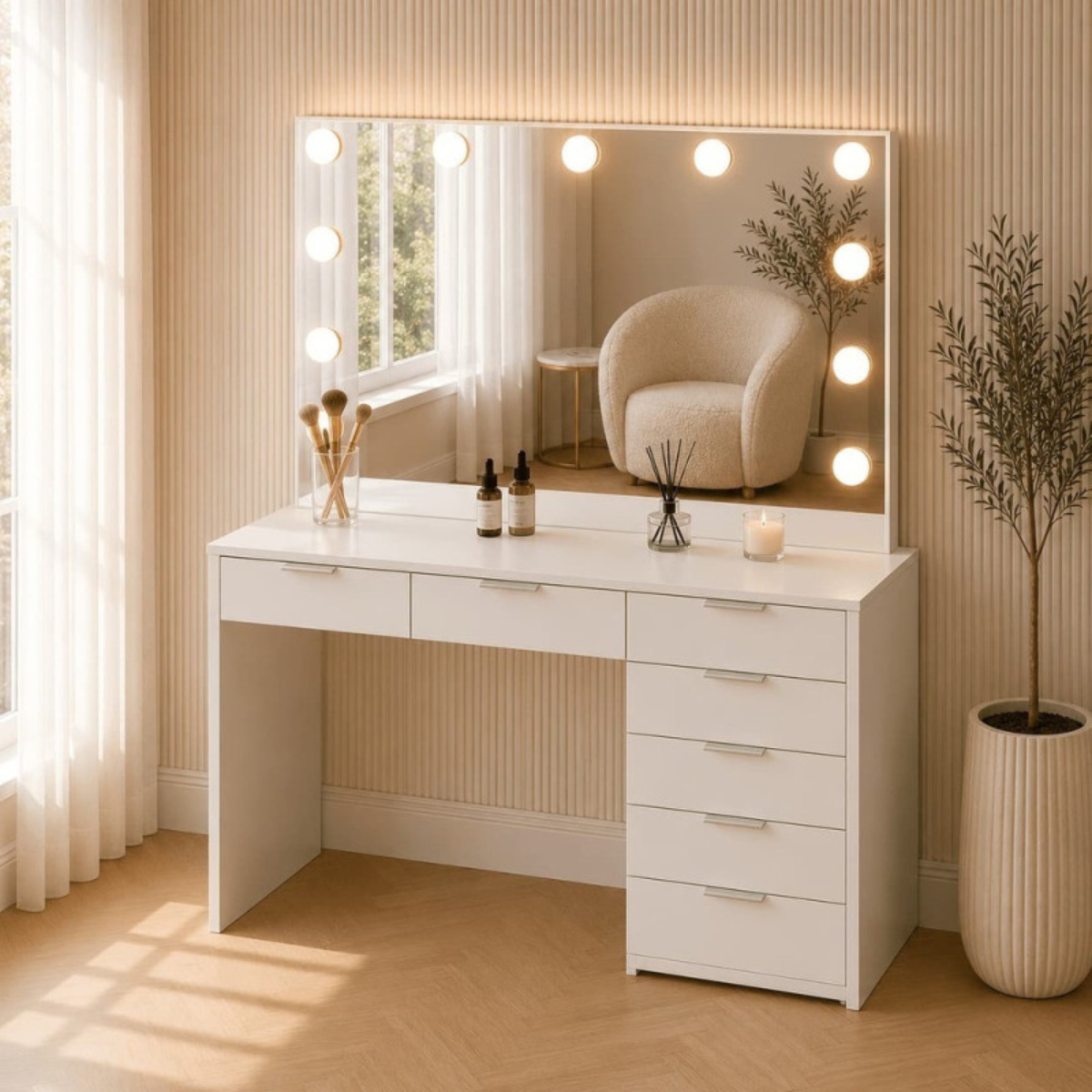 Toucador de maquilhagem Hollywood com espelho LED e gavetas para quarto e salão de beleza