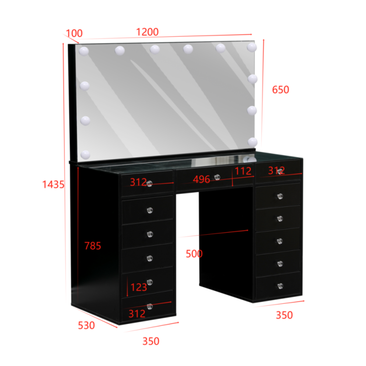 Makeup Vanity Table with Clear Glass Top and Hollywood LED Mirror 120cm