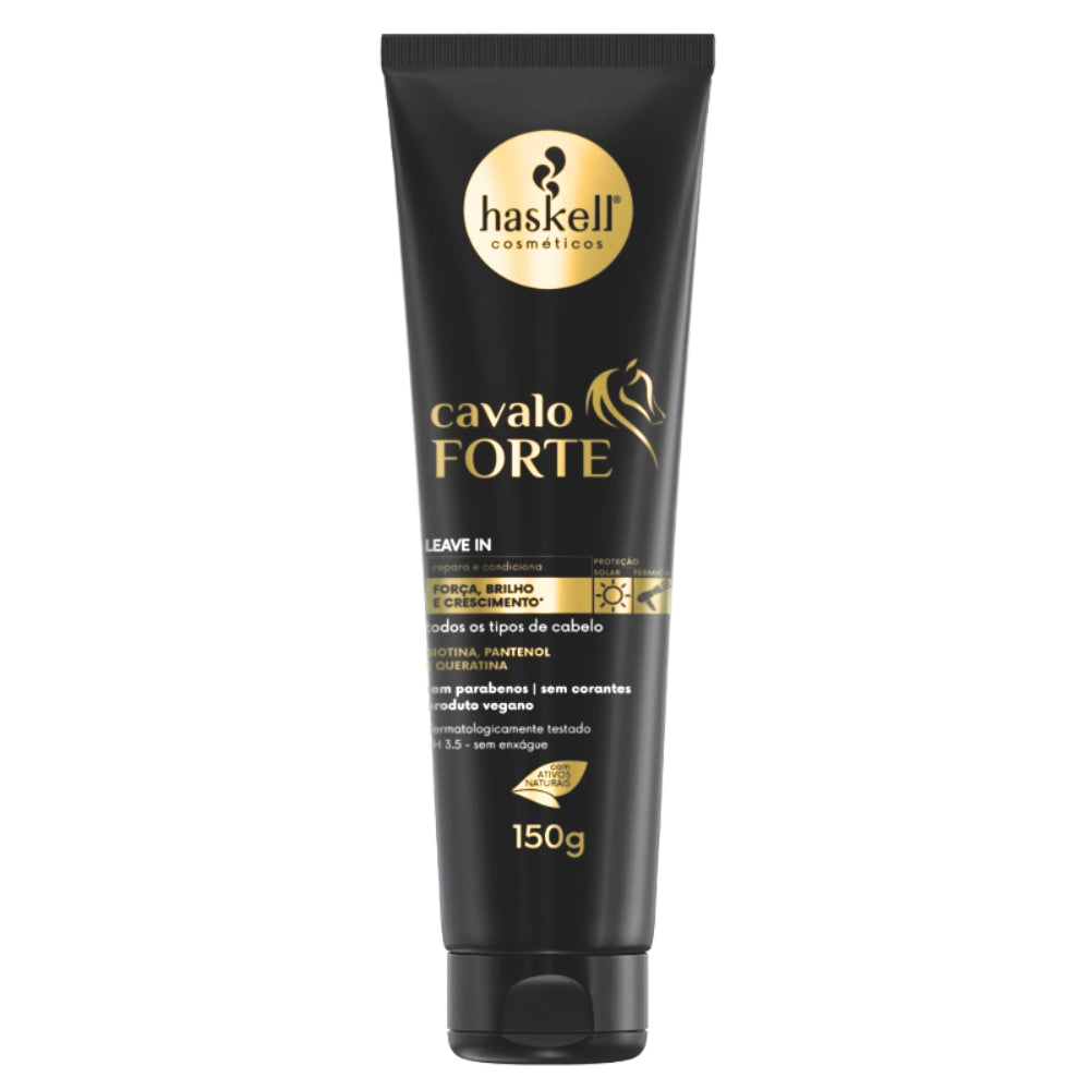 Leave-in Haskell Cavalo Forte 150g, bisnaga preta com detalhes dourados. Com Biotina, Pantenol e Queratina, promove força, brilho e auxílio no crescimento.