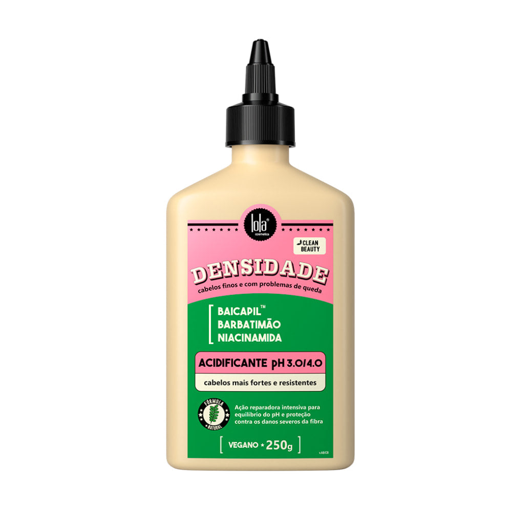 Lola Densidade Acidificante 250g, frasco bege e bico preto. Com Niacinamida, fortalece e equilibra o pH dos fios.