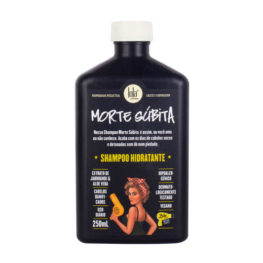 Lola Morte Súbita Shampoo 250mL, frasco preto e tampa branca. Com Jaborandi e Aloe Vera, hidrata e recupera cabelos danificados.