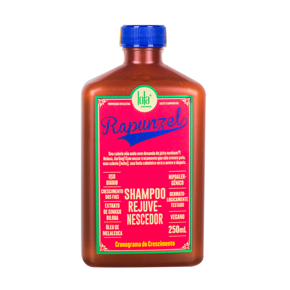 Lola Cosmetics Rapunzel Shampoo Rejuvenescedor, 250mL, em frasco cor de âmbar com tampa azul. Contém Ginkgo Biloba e Melaleuca, promovendo rejuvenescimento e crescimento dos fios.