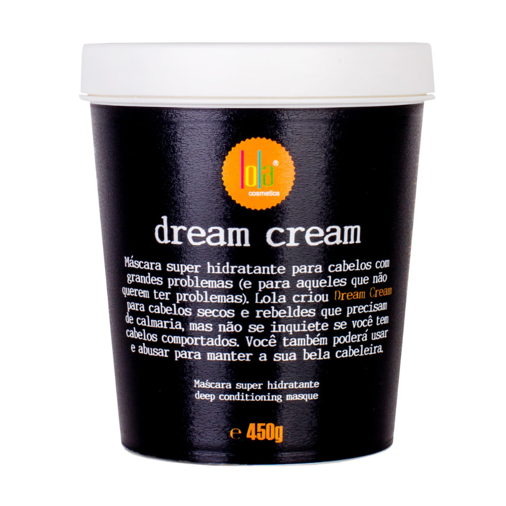 Lola Dream Cream 450g, pote preto e tampa branca. Hidratação profunda para cabelos secos e rebeldes.