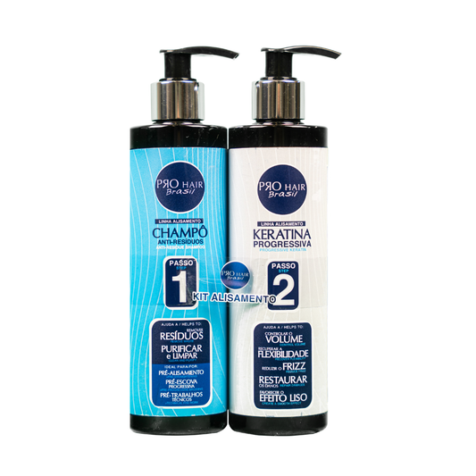 Kit Alisamento PRO HAIR Brasil, frascos azul e branco com pump. Champô e Keratina para purificar e promover efeito liso.