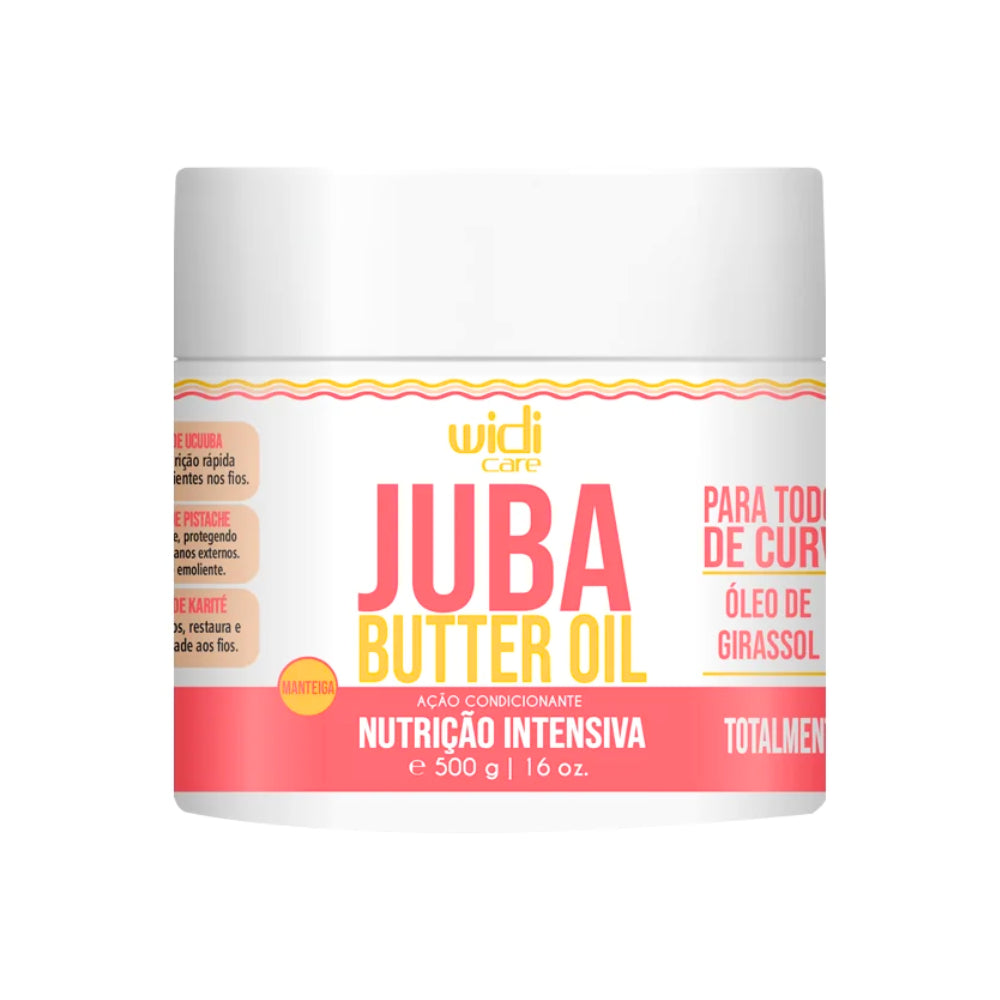 Widi Care Juba Butter Oil 500g, pote branco. Com óleo de girassol, proporciona nutrição intensiva aos fios.
